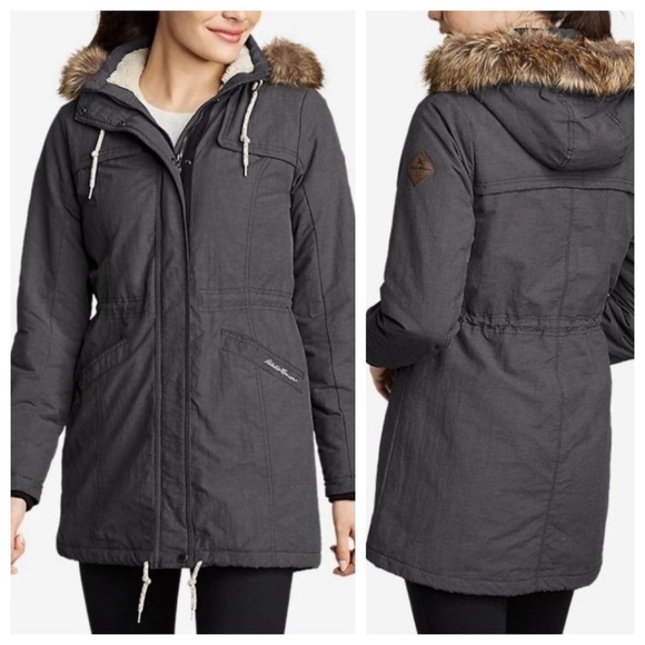 Eddie Bauer Jackets & Blazers - EDDIE BAUER Ladder Creek High-Pile Women's Gray Parka Faux Fur Hood Cinch Waist